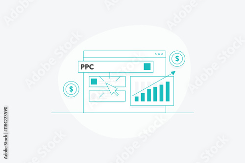PPC campaign driving traffic to the website, Pay per click advertising, PPC ad campaign, Increasing sales campaign, PPC generating revenue. Vector illustration line artwork.