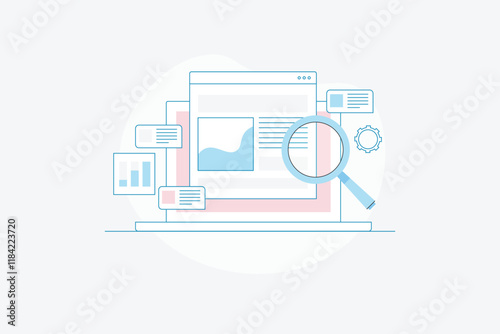 Website Analysis Tool, Website SEO checker, Marketing tool, SEO traffic, Vector illustration line artwork.