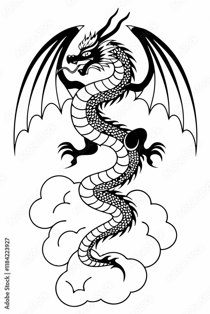 Fototapeta premium Mythical Dragon Outline - Printable A4 Vector Coloring Sheet for Children