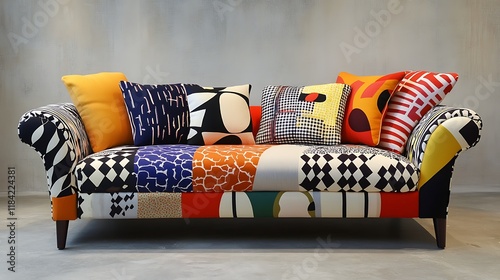 Amusing sofa with a quirky design, featuring mismatched cushions and bold patterns 