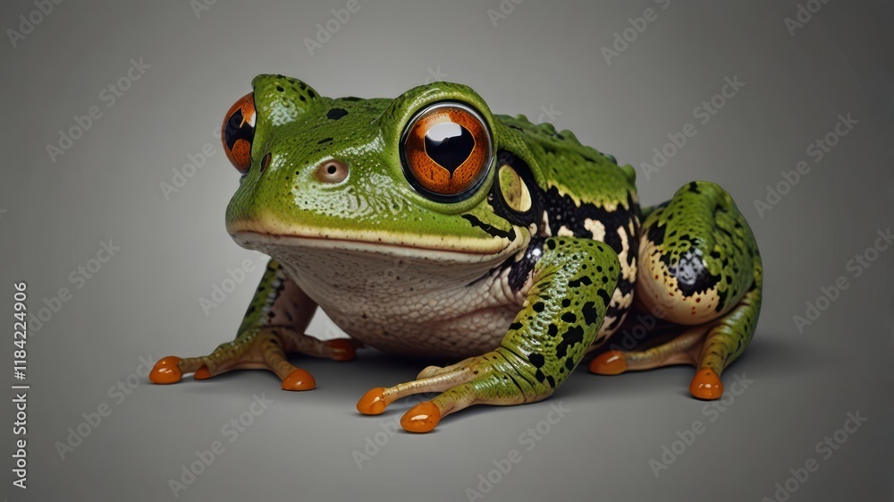 Obraz premium Close-up of a vibrant green frog with large orange eyes, sitting against a neutral grey background.
