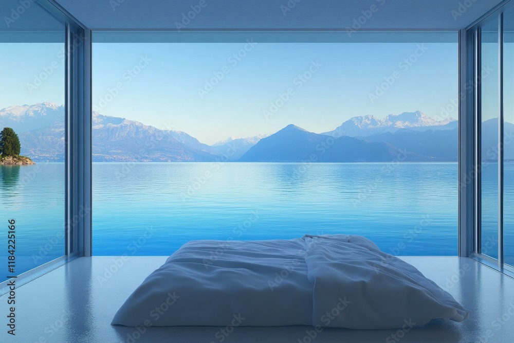 Fototapeta premium A serene bedroom with a view of tranquil water and mountains through large glass windows.