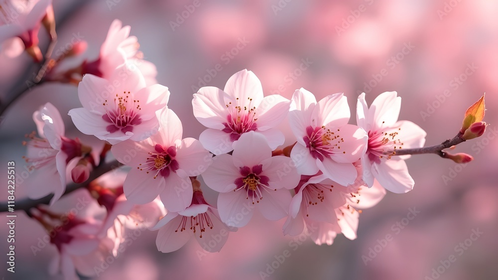 Obraz premium Delicate Pink Cherry Blossoms, Spring Floral Branch with Pastel Flowers