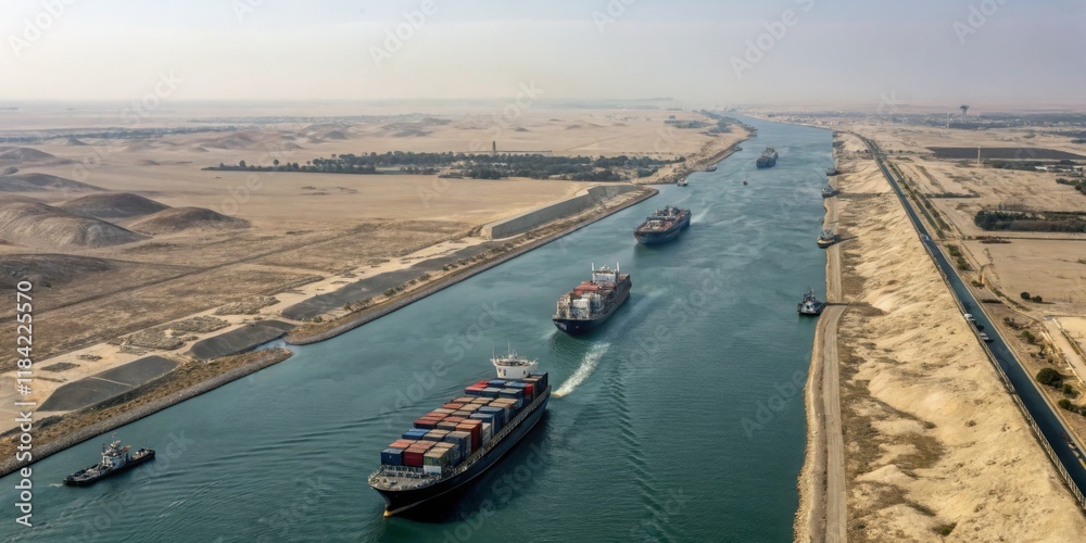 Ships navigate the Suez Canal while desert landscape stretches in the background under a clear sky