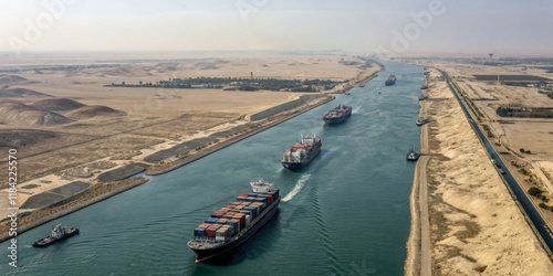 Ships navigate the Suez Canal while desert landscape stretches in the background under a clear sky