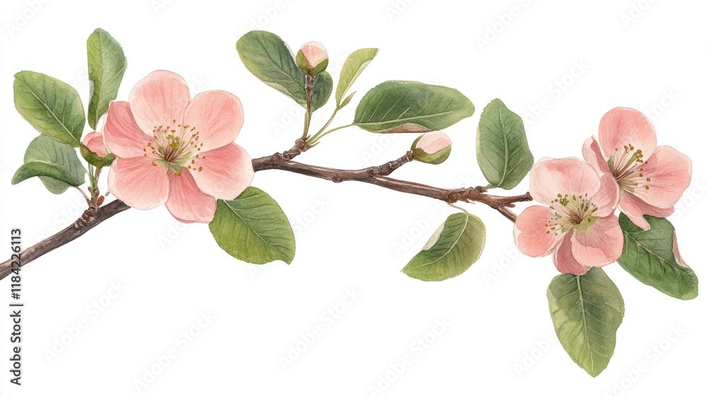 Naklejka premium A watercolor quince flower branch with gentle pink petals and vibrant green leaves, isolated on a clean white background for a photorealistic look in 4K