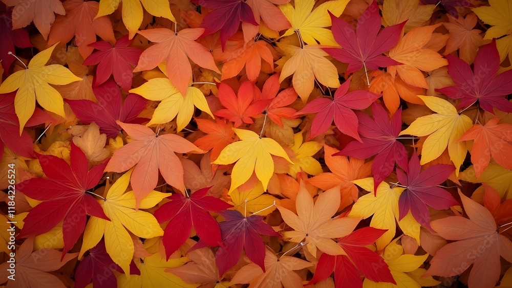 Vibrant Autumn Maple Leaves, Red, Orange, Yellow Fall Foliage Scattered on Brown Ground Vibrant Autumn Maple Leaves, Red, Orange, Yellow Fall Foliage Scattered on Brown Ground