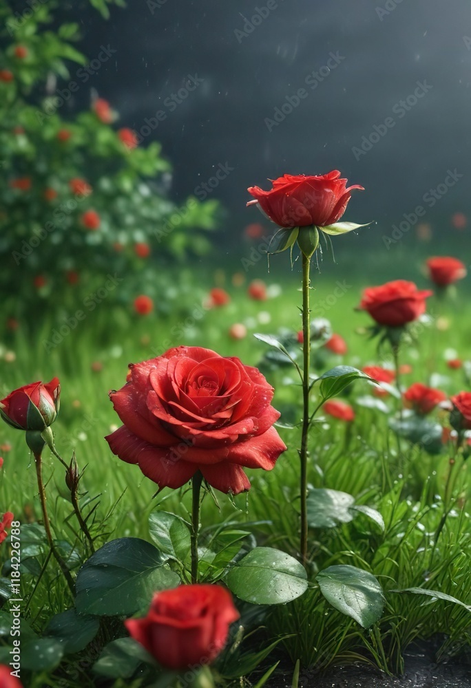 Fototapeta premium lush green grass and vibrant red rose flowers under a gentle spring shower, rainy day flowers, springtime garden scene, blooming flowers in water