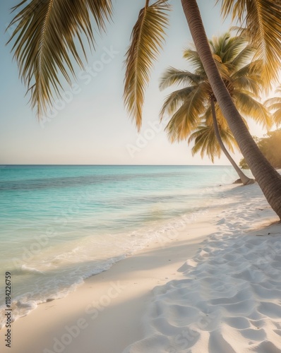 A Serene Beach Paradise with Lush Palm Trees and Tranquil Waters Perfect for Tropical Themes photo