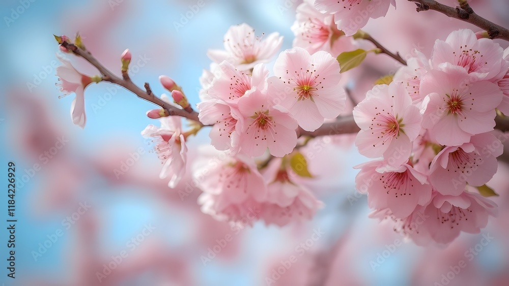 Stunning Spring Blossoms, Delicate Pink Cherry Branches in Full Bloom Against a Soft Blue Sky, Shallow Depth of Field Stunning Spring Blossoms, Delicate Pink Cherry Branches in Full Bloom Against a Soft Blue Sky, Shallow Depth of Field
