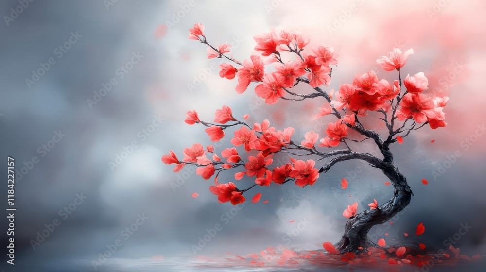 Crimson Bonsai: A breathtaking floral masterpiece, delicate blossoms against a misty backdrop. Crimson Bonsai: A breathtaking floral masterpiece, delicate blossoms against a misty backdrop.