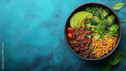 Healthy Vegetarian Bowl with Ground Meat Avocado and Corn