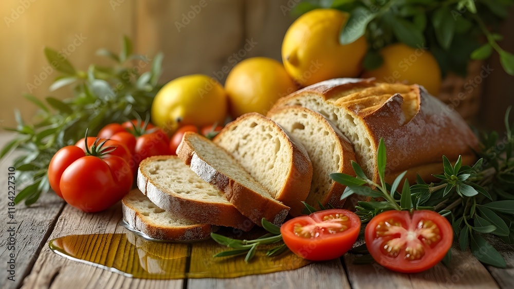 Warm Rustic Still Life, Sliced Artisan Bread, Tomatoes, Herbs, and Lemons on Weathered Wood Warm Rustic Still Life, Sliced Artisan Bread, Tomatoes, Herbs, and Lemons on Weathered Wood