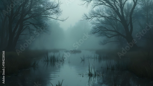 Spooky swamp tales of fog and mystery. Explore haunted swamps and eerie legends. Discover strange creatures lurking in murky waters. Uncover the secrets of supernatural swamps. photo