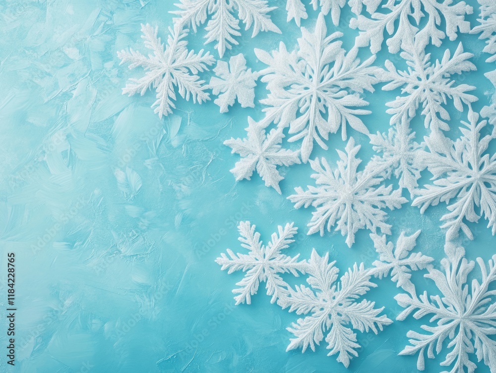 White snowflakes arranged on a light blue background White snowflakes arranged on a light blue background
