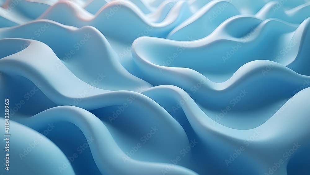Fototapeta premium Abstract 3D Blue Pastel Waves, Soft Shadowed Sculptural Forms, Wavy Liquid-like Background Texture