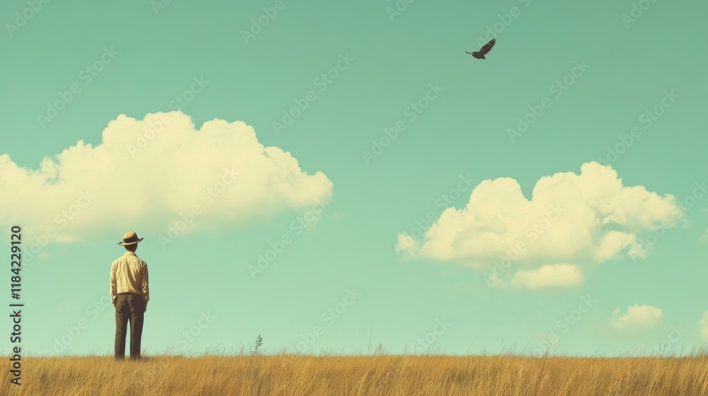 Man in hat gazing at a bird flying above a field under a bright sky. Man in hat gazing at a bird flying above a field under a bright sky.