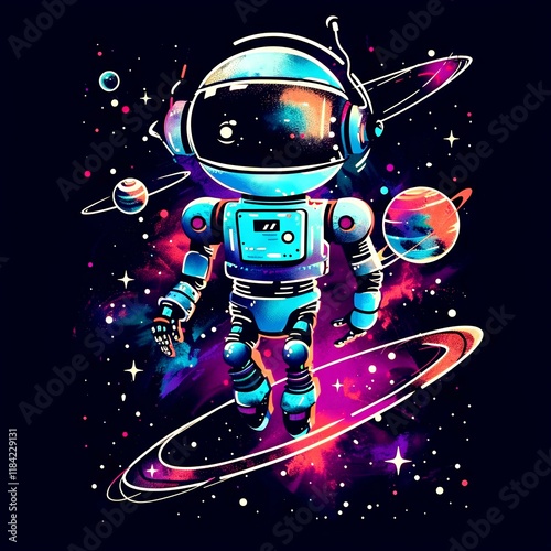 robot and space t shirt design illustration 