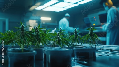 Cannabis plants growing in a futuristic laboratory under irradiation panels, with scientists working in the background surrounded by detailed research equipment. Captured in 4K.
