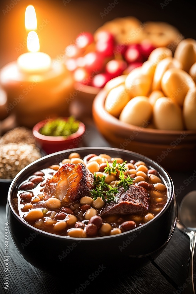 Delicious Slow-Cooked Cholent Stew with Beans, Barley, and Meat in a Cozy Setting - Perfect for Comfort Food Lovers and Hearty Meals