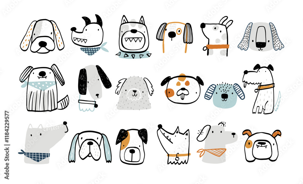custom made wallpaper toronto digitalSet with cute hand drawn dogs. Cartoon dog or puppy characters design collection. Set of funny pet animals isolated on white background. Vector funny illustration for kids. Doodle. Seketch.