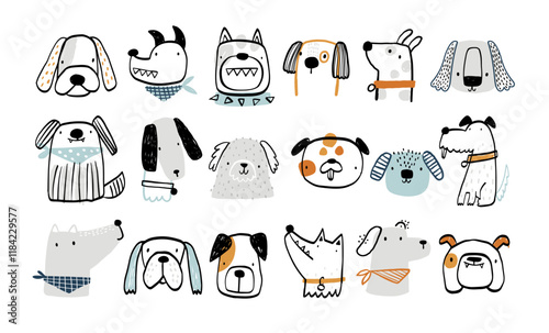 Set with cute hand drawn dogs. Cartoon dog or puppy characters design collection. Set of funny pet animals isolated on white background. Vector funny illustration for kids. Doodle. Seketch.