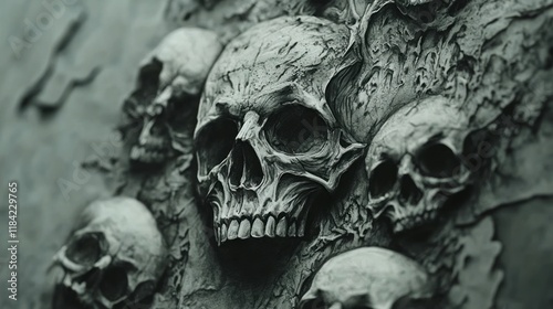 Dynamic tattoo sleeve featuring elegant script and gothic skulls with detailed textures. Dark and light shading techniques blend seamlessly, emphasizing lighter grey tones in a stunning 4K photo