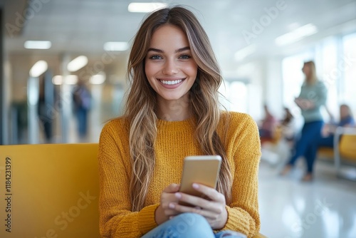 Young happy woman using cell phone in waiting room at doctor's office. Generative AI