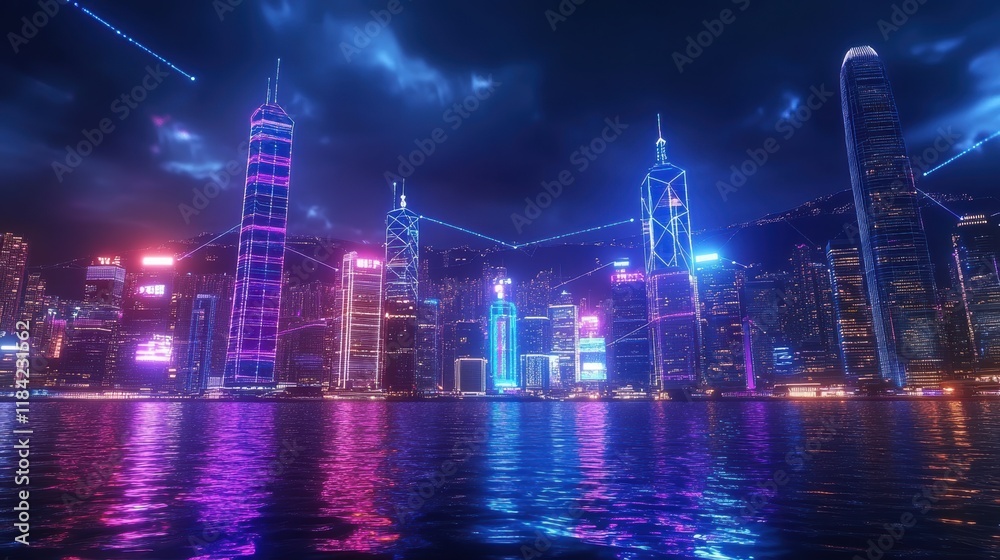 Obraz premium 5G smart city night skyline with digital connections and neon lights