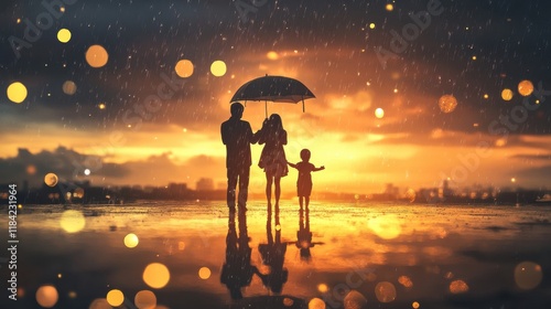 Family Sheltering Under Umbrella in Dramatic Storm Light