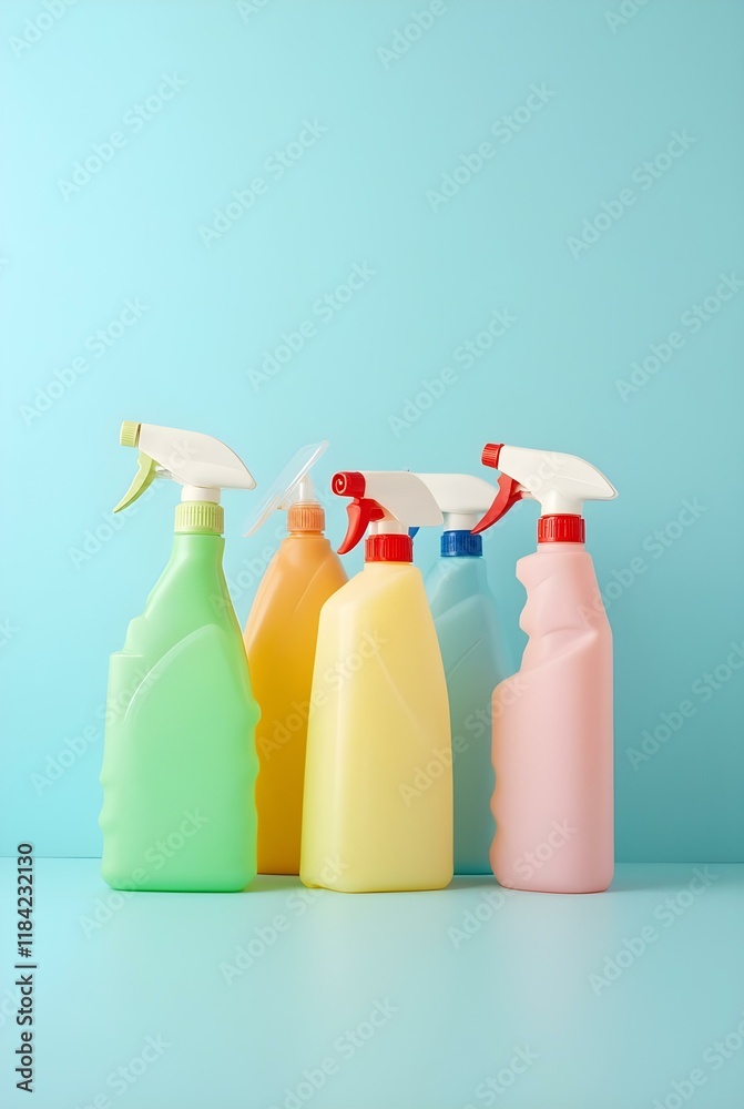 A row of colorful cleaning spray bottles with varying shapes and textures against a bright blue background A row of colorful cleaning spray bottles with varying shapes and textures against a bright blue background