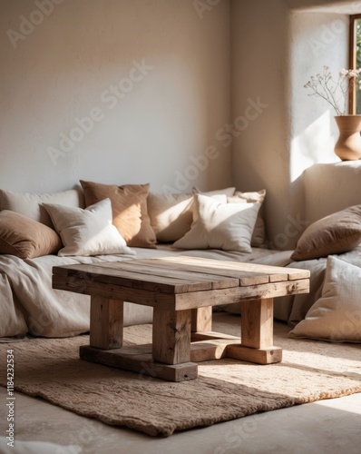 Cozy Rustic Corner with Wooden Coffee Table and Soft Pillows photo