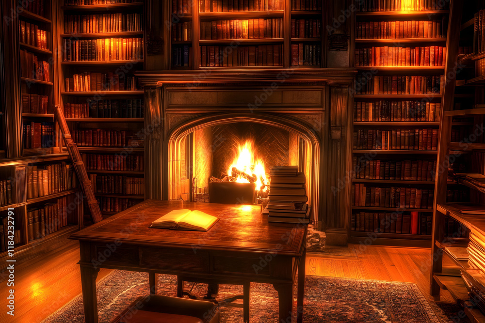 Cozy library with a warm fireplace and wooden furnishings, inviting reading and relaxation. Cozy library with a warm fireplace and wooden furnishings, inviting reading and relaxation.
