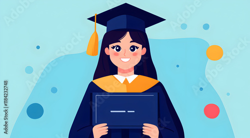 Wallpaper Mural A cheerful graduate in a cap and gown holds a diploma, celebrating academic achievement against a colorful background. Torontodigital.ca