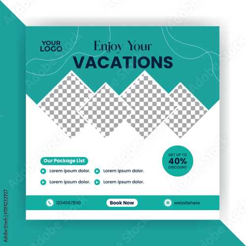 Social media post, Instagram template post for travel promotion.