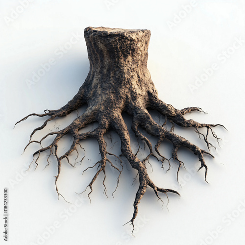 Detailed view of a tree stump showcasing intricate roots protruding from the ground on a neutral background photo