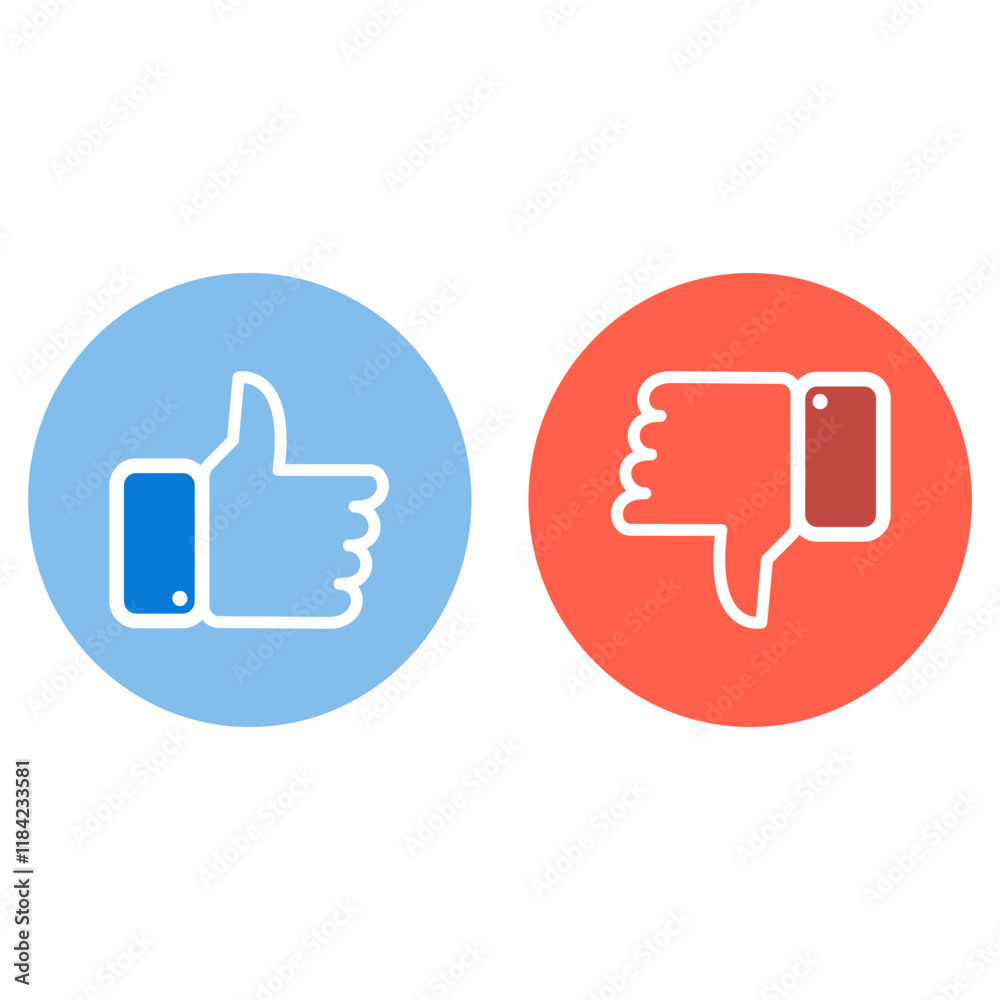 Set of colour icon like and dislike. Thumbs up and thumbs down. Vector illustration Set of colour icon like and dislike. Thumbs up and thumbs down. Vector illustration