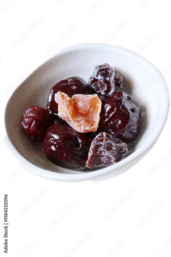 Dried plums fruit on white background Chinese dessert Dried plums fruit on white background Chinese dessert