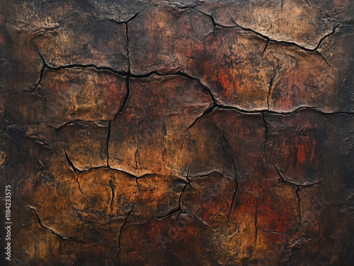 A deeply cracked and rugged bark of a mahogany tree, with dark brown tones and a reddish undertone adding depth. photo