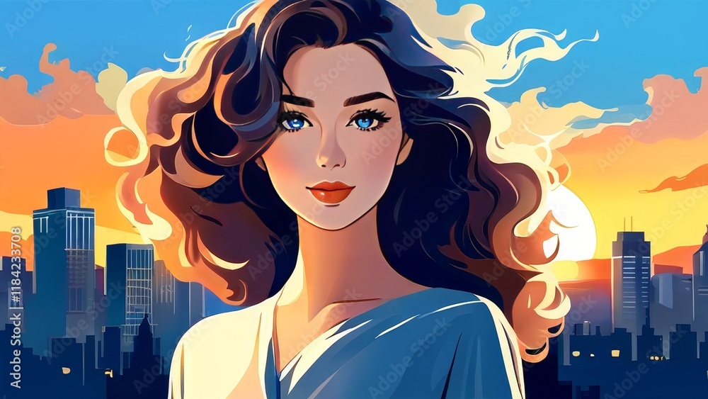 A woman with long hair is standing in front of a city skyline A woman with long hair is standing in front of a city skyline