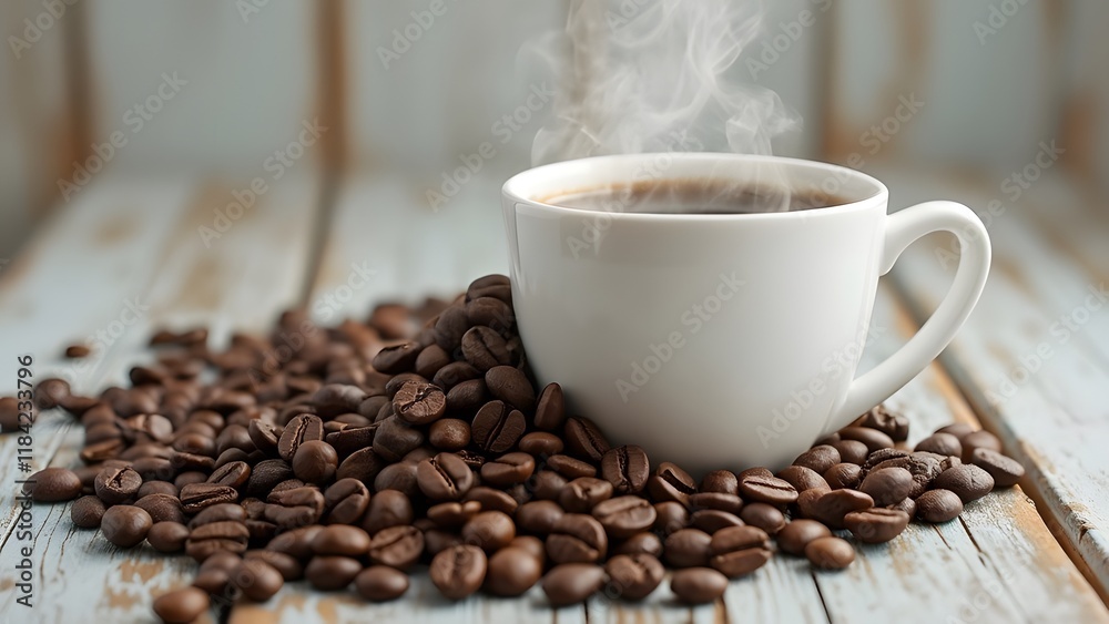 Fototapeta premium Artisan Coffee Beans and Steaming Cup on Rustic White Wooden Background, Aromatic Coffee Photo