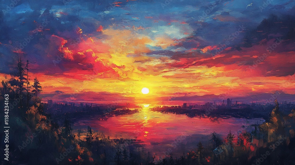 Obraz premium Vivid sunset over a lake and city landscape, vibrant colors, artistic digital painting.