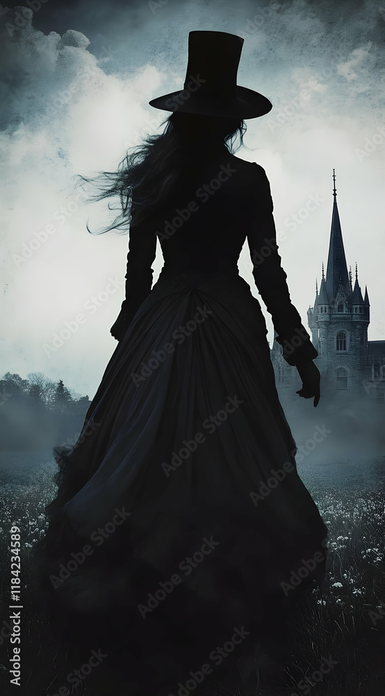 A mysterious silhouette of a woman in a dark dress stands against a foggy landscape with a church. A mysterious silhouette of a woman in a dark dress stands against a foggy landscape with a church.