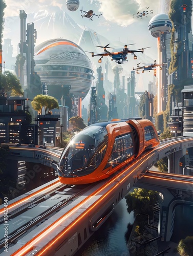 Futuristic City Train Elevated Transport.