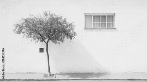 Wallpaper Mural Monochrome photo of a small tree next to a white building with a window, sunlight casts shadows. Torontodigital.ca
