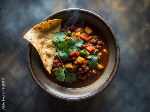 Delicious Vegetarian Chili in Traditional Bowl with Tortilla and Fresh Herbs on Dark Background photo