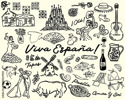 Hand drawn Whimsical style Spanish Culture elements vector set