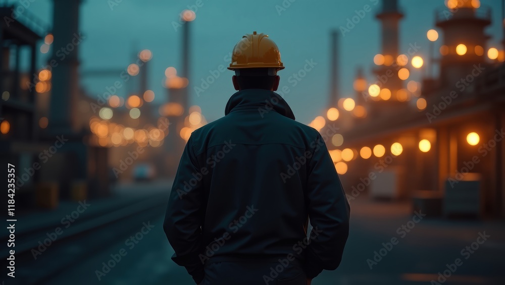 Silhouette of Engineer in Industrial Setting at Dusk Silhouette of Engineer in Industrial Setting at Dusk