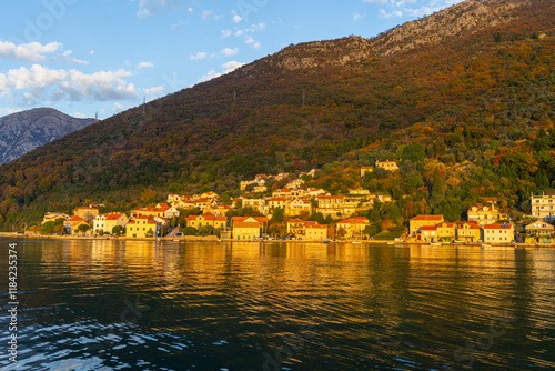 Balkan houses under the mountain at the Bay of Kotor, Montenegro, photo