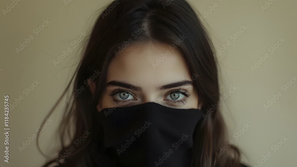 Enigmatic Young Woman Close-Up Portrait, Sly, Innocent Expression, Partially Hidden Face, Beige Background Enigmatic Young Woman Close-Up Portrait, Sly, Innocent Expression, Partially Hidden Face, Beige Background